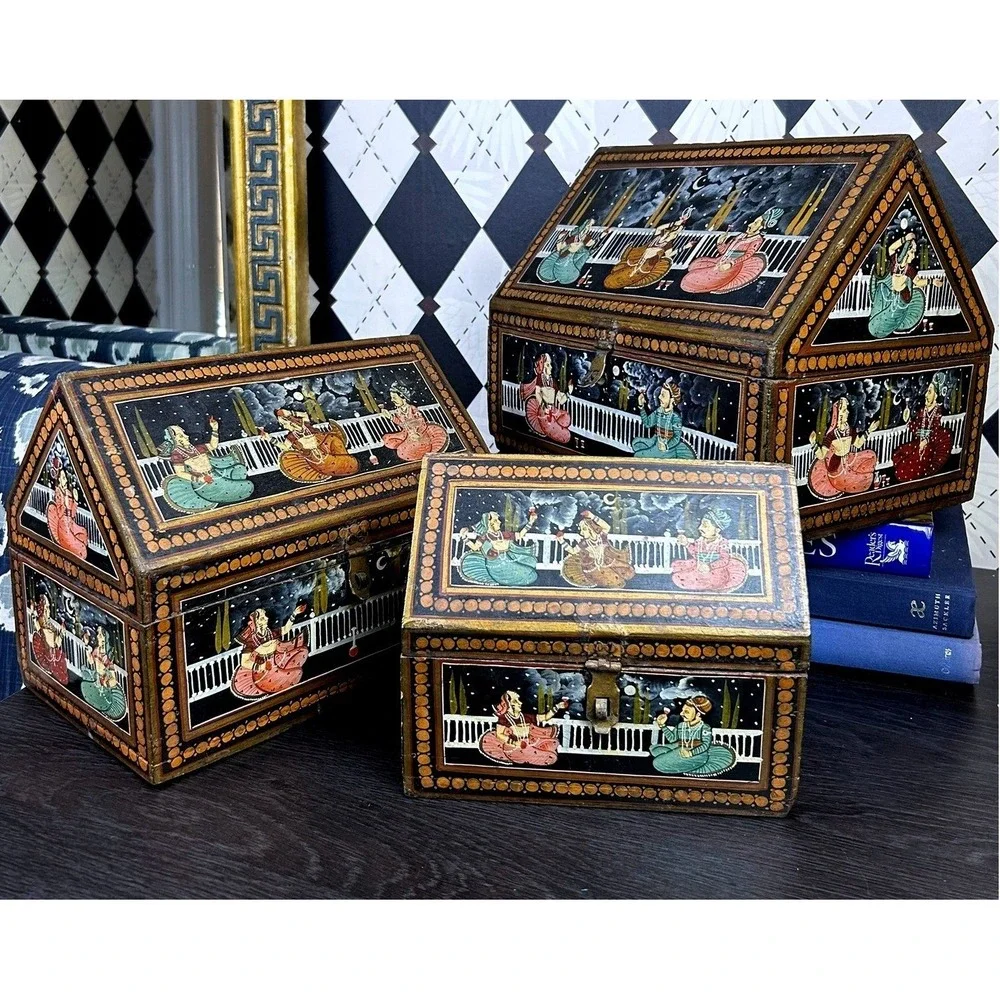 Vintage Indian Hand Painted Nesting Wooden Box Set of 3 Folk Art Storage Chests